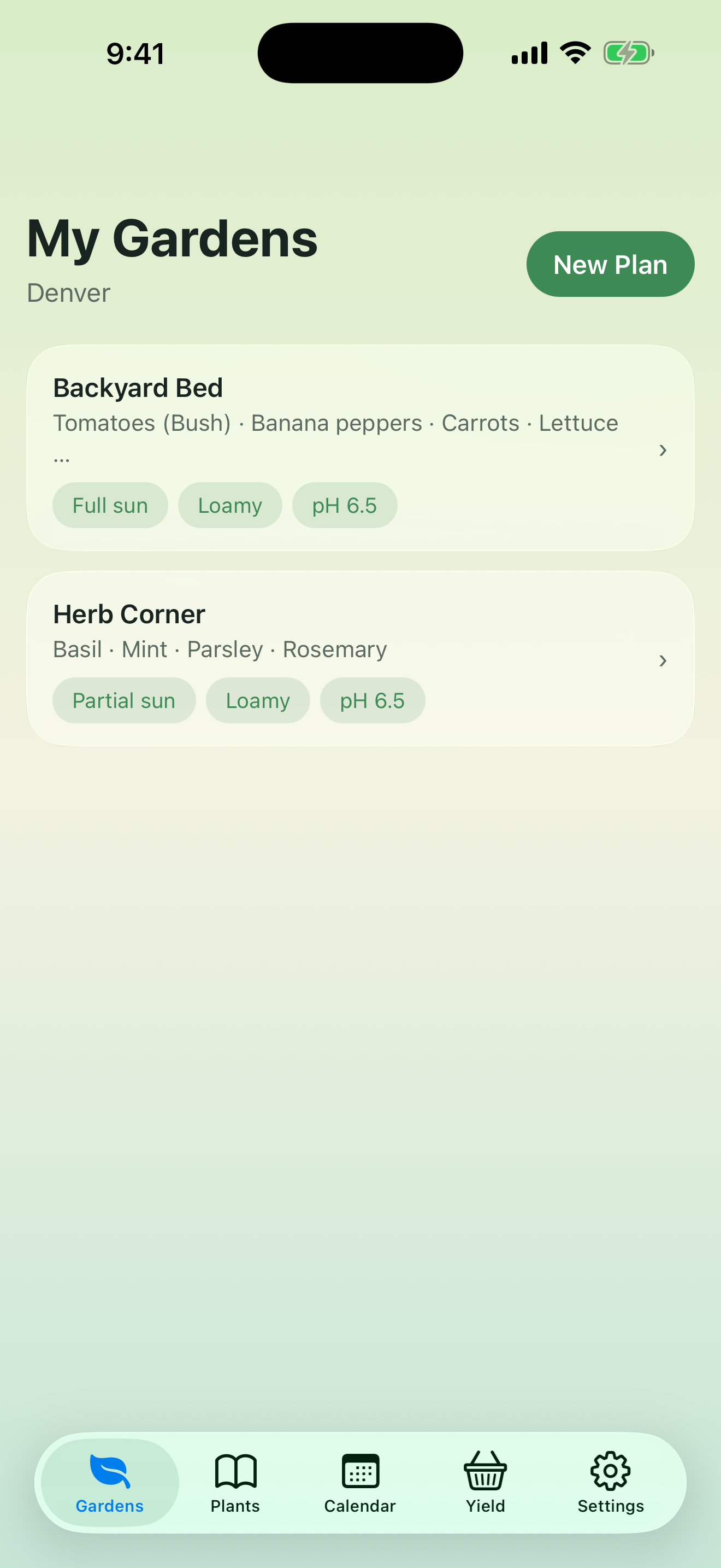 My Gardens screen in Garden Pro Planner