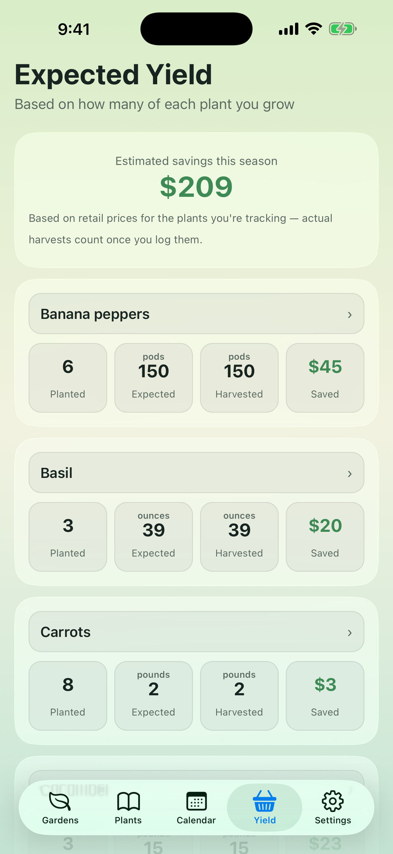 Yield and savings tracker